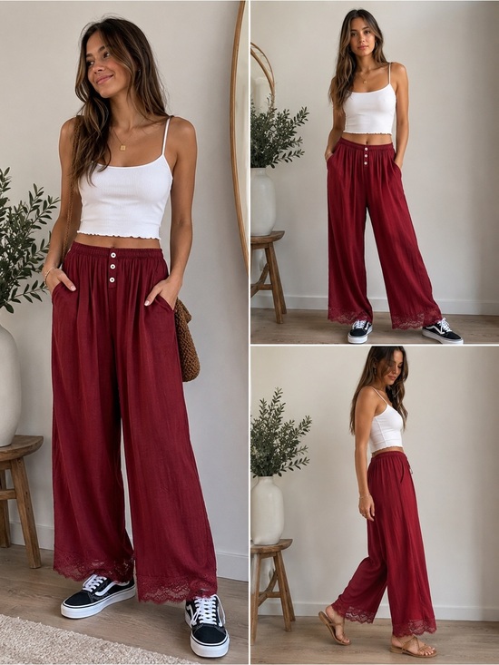 Soma Pants - Soma Wide-Leg Lace Hem Pants with lace in Burgundy festival goth fairy casual
